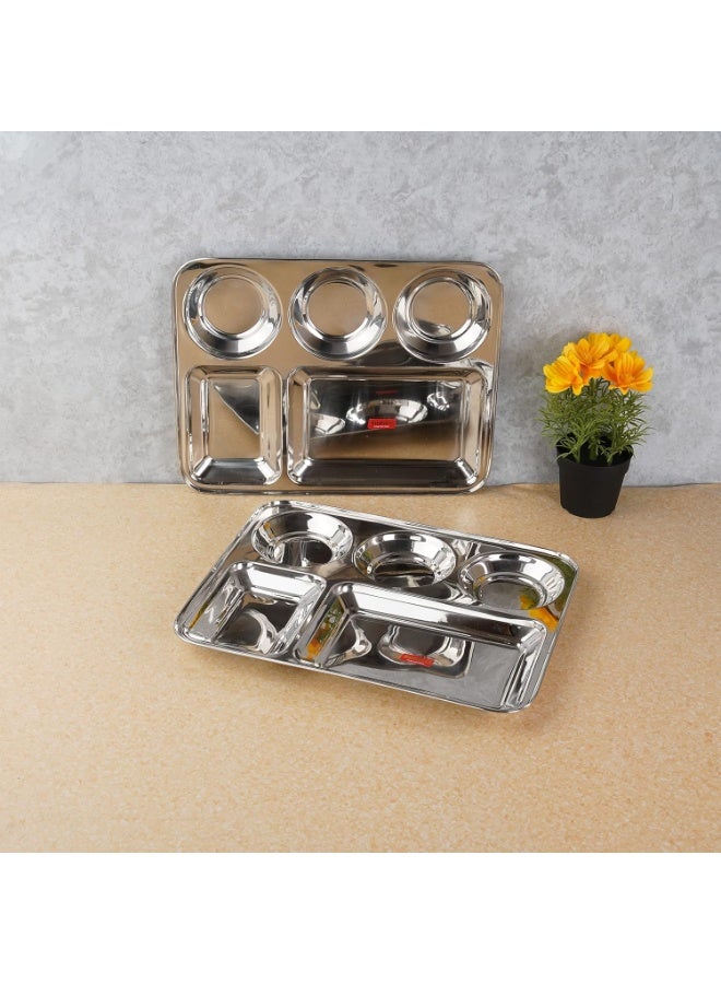 Sumeet Stainless Steel Rectangular 5 in 1 Compartment Lunch/Dinner Plate Set of 2Pcs, 37.4cm Dia, Silver - Image 4